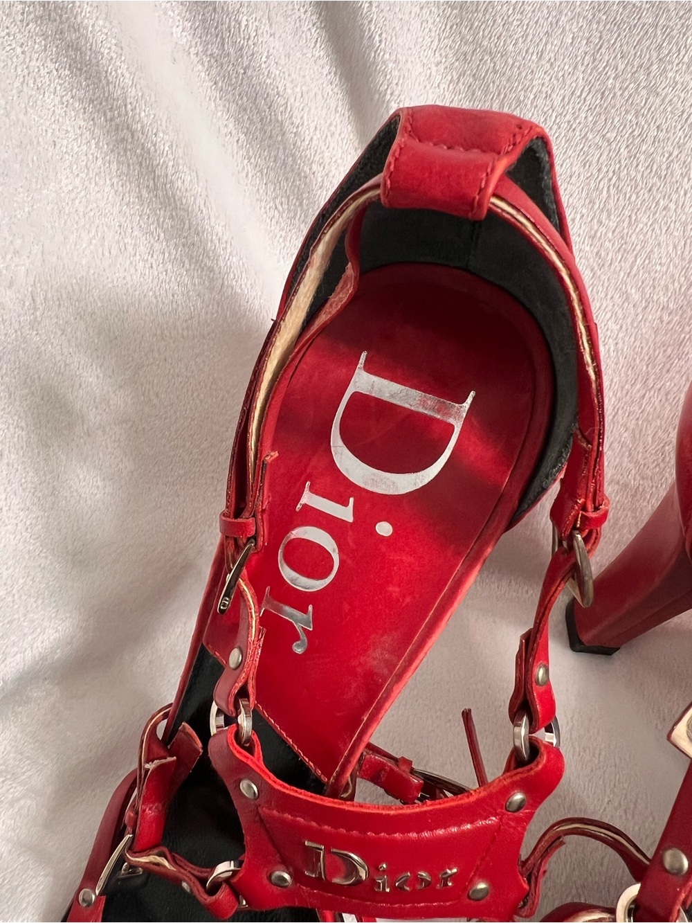 Dior Bondage Red Leather Studded Strappy Heels - Picture 7 of 9